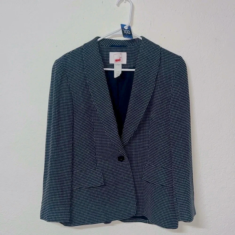 Vintage 100% virgin wool blazer‎ navy blue tweed blazer shoulder pads pockets